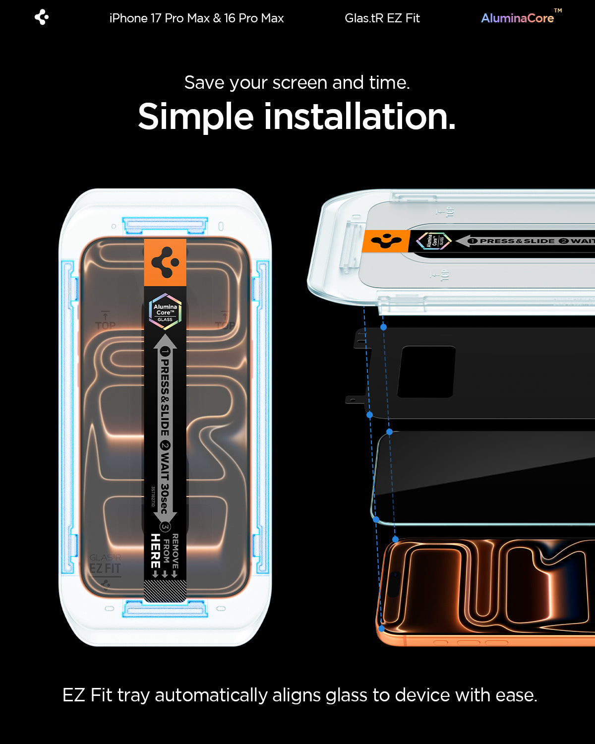AGL07907 - iPhone 16 Pro Max GLAS.tR EZ Fit Sensor Protected showing EZ Fit tray installation system for quick and precise alignment