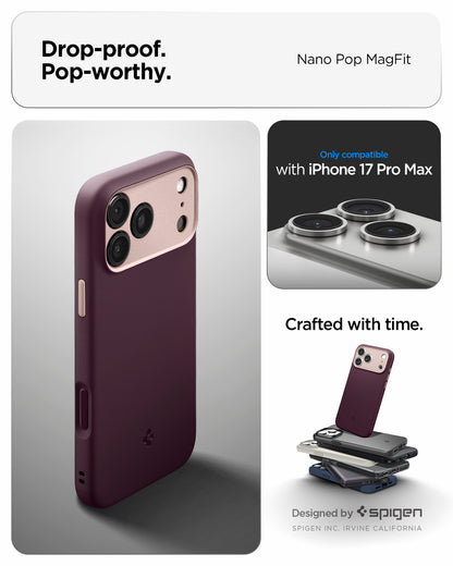 ACS09914 - iPhone 17 Pro Max Case Nano Pop (MagFit) in burgundy bean showing the drop proof and pop worthy of case