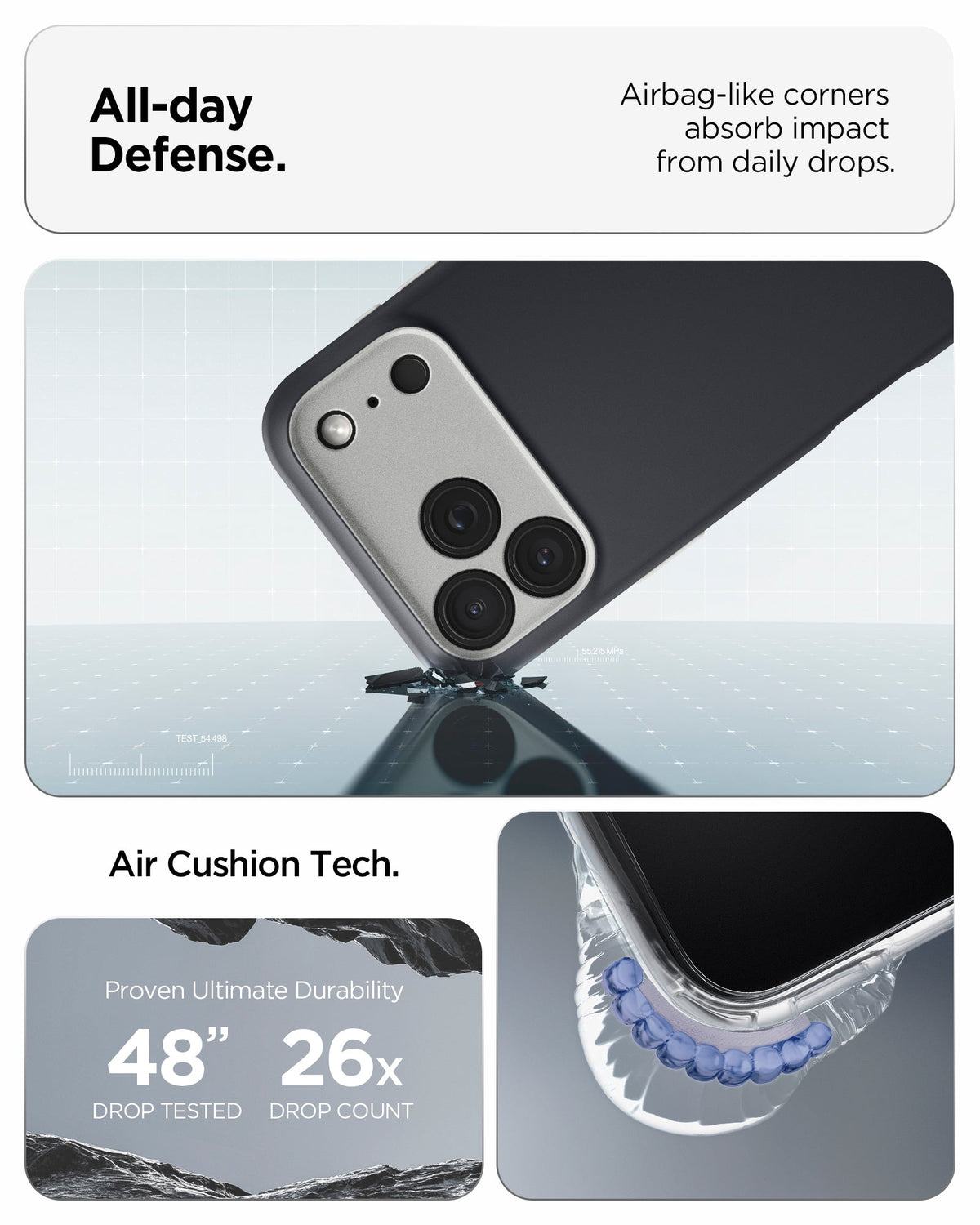 ACS09968 - iPhone 17 Pro Case Nano Pop (MagFit) showing the all day defense with airbag like corners that absorb impact from daily drops