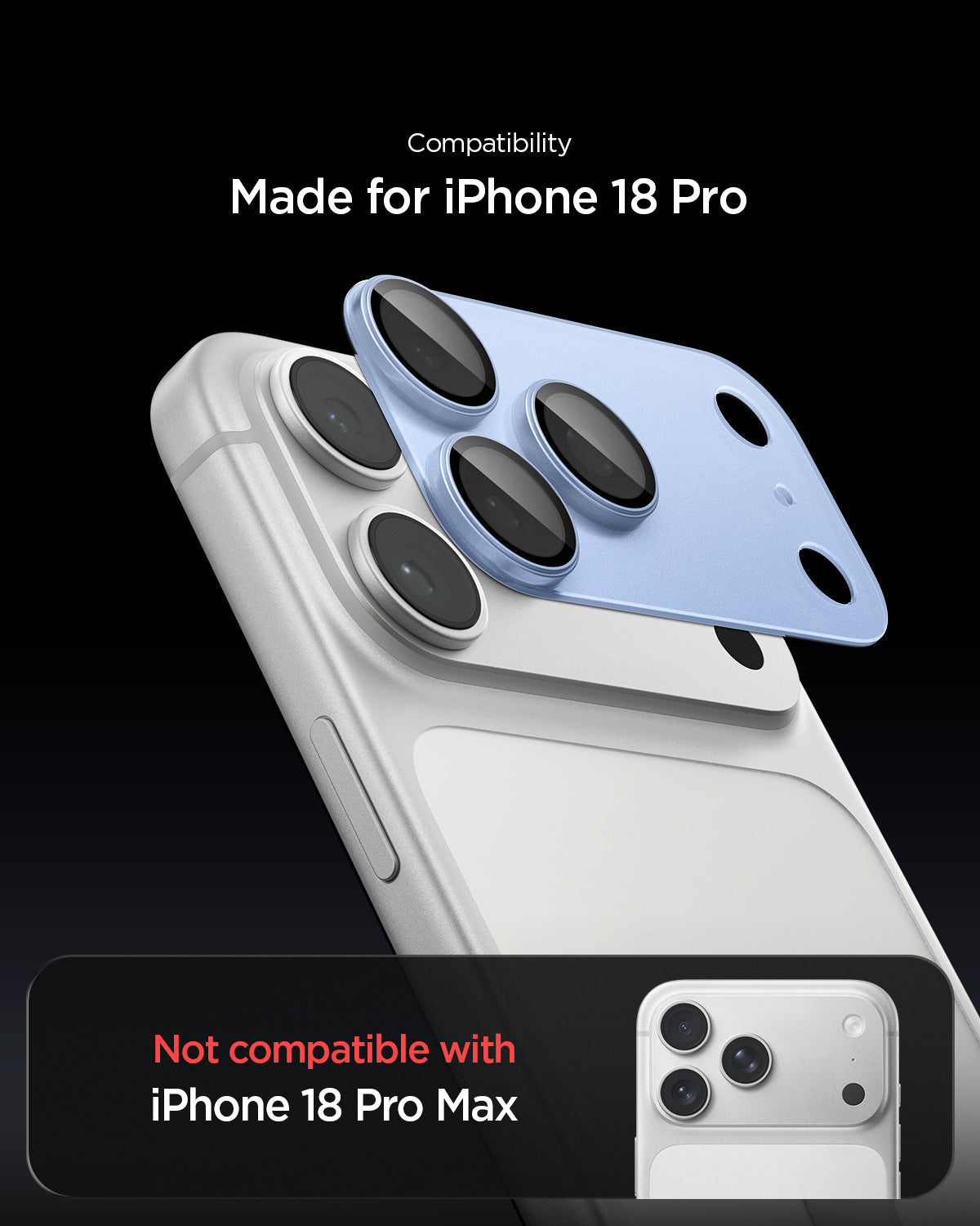 AGL12037 - iPhone 18 Pro Optik Pro XL EZ Fit Lens Protector in Light Blue showing the lens protector aligned over the camera area with a compatibility comparison.