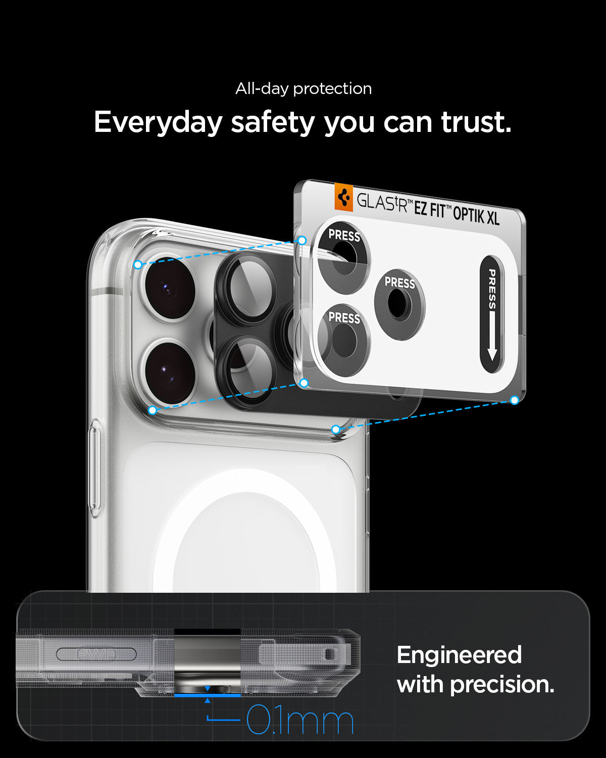AGL12039 - iPhone 18 Pro Max Optik Pro XL EZ Fit Lens Protector in black showing precise alignment and close fit between the lens protector and an open camera case.