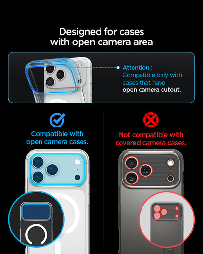 AGL12041 - iPhone 18 Pro Max Optik Pro XL EZ Fit Lens Protector in Glacier showing compatibility with cases featuring an open camera area and incompatibility with covered camera designs.