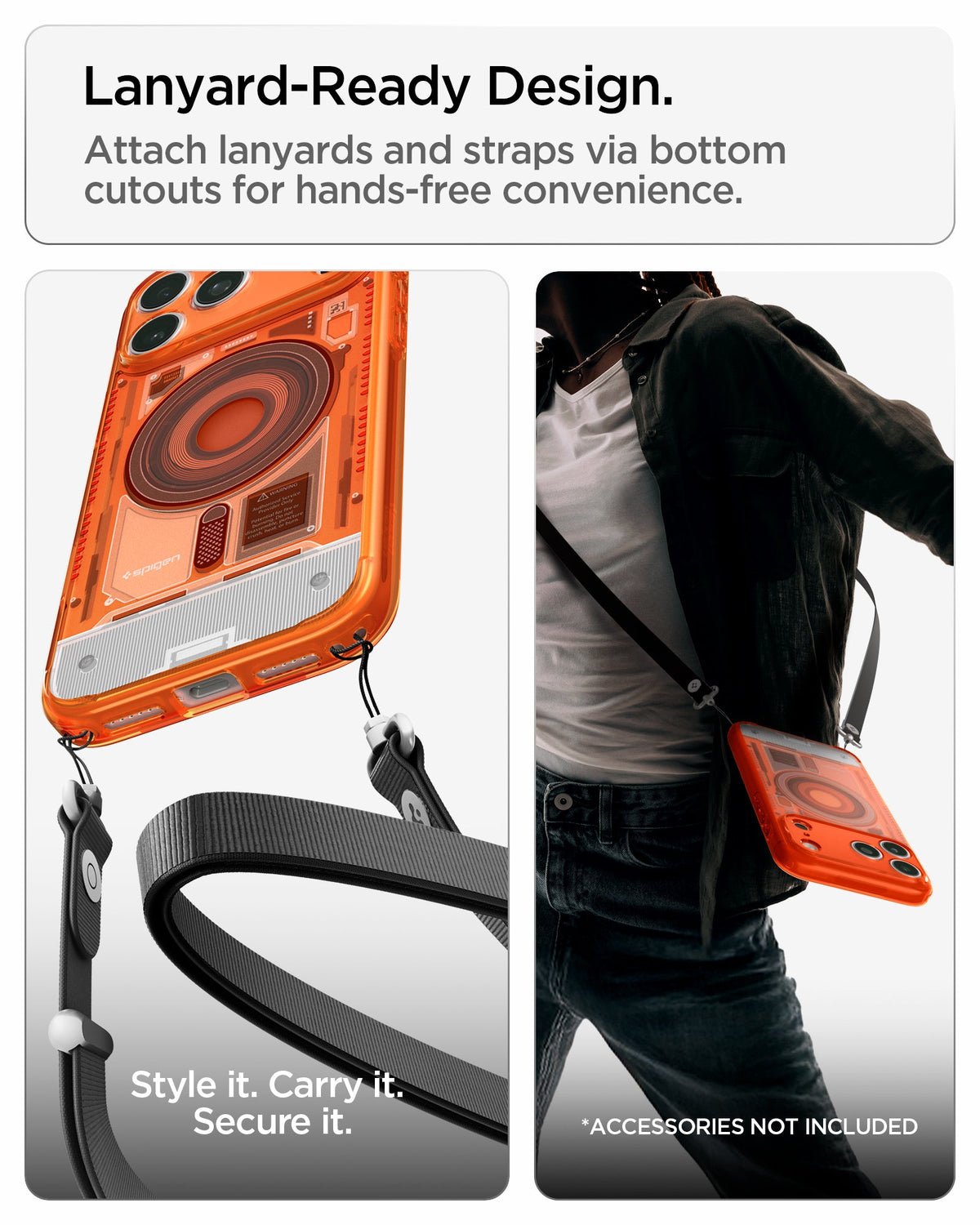 ACS11755 - iPhone 18 Pro Max / iPhone 17 Pro Max Ultra Hybrid C-One (Mag Fit) Tangerine showing built-in bottom cutouts for attaching lanyards and straps for hands-free carrying