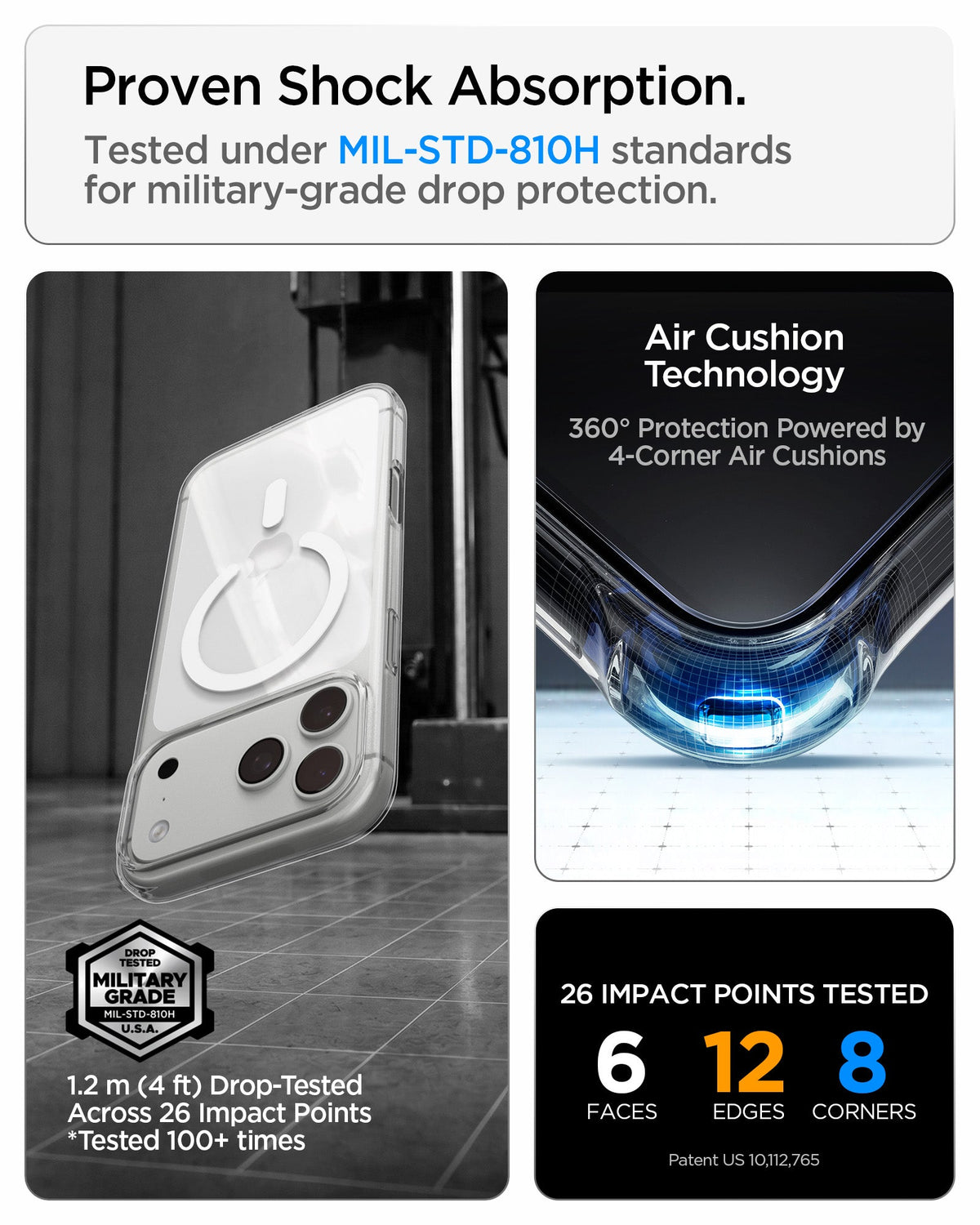 ACS11925 - iPhone 18 Pro / iPhone 17 Pro Crystal Flex (Mag Fit) showing military-grade drop protection with Air Cushion Technology at all four corners.