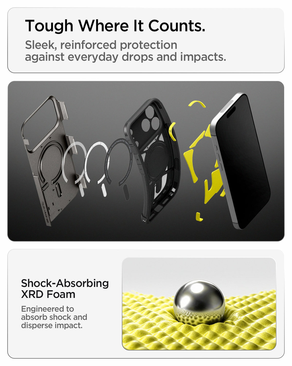 ACS09951 - iPhone 18 Pro / iPhone 17 Pro Tough Armor T Mag Fit Gunmetal showing a layered protective structure with shock-absorbing foam engineered to disperse impact