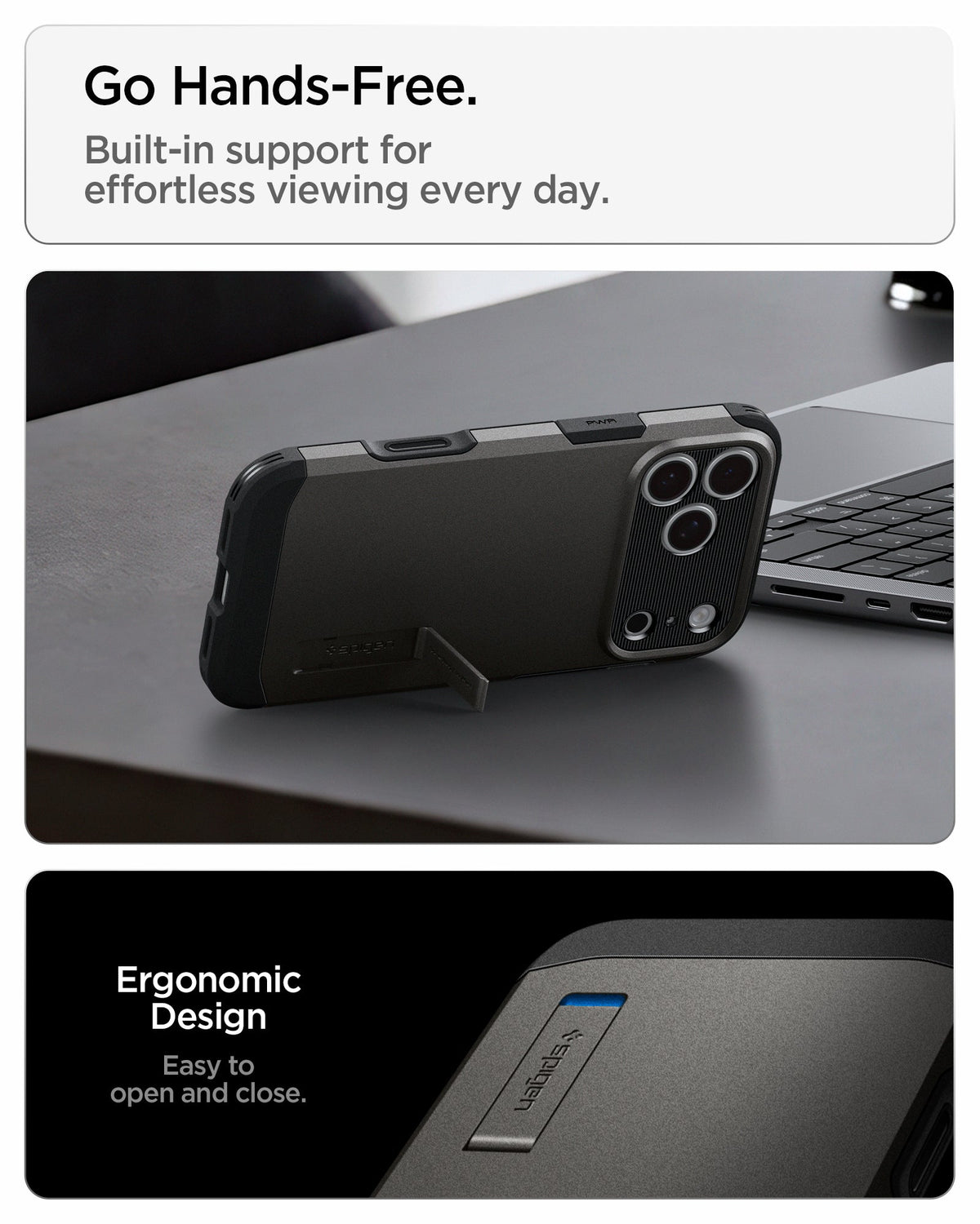 ACS09951 - iPhone 18 Pro / iPhone 17 Pro Tough Armor T Mag Fit Gunmetal showing the integrated kickstand for hands-free viewing with an ergonomic open-and-close design