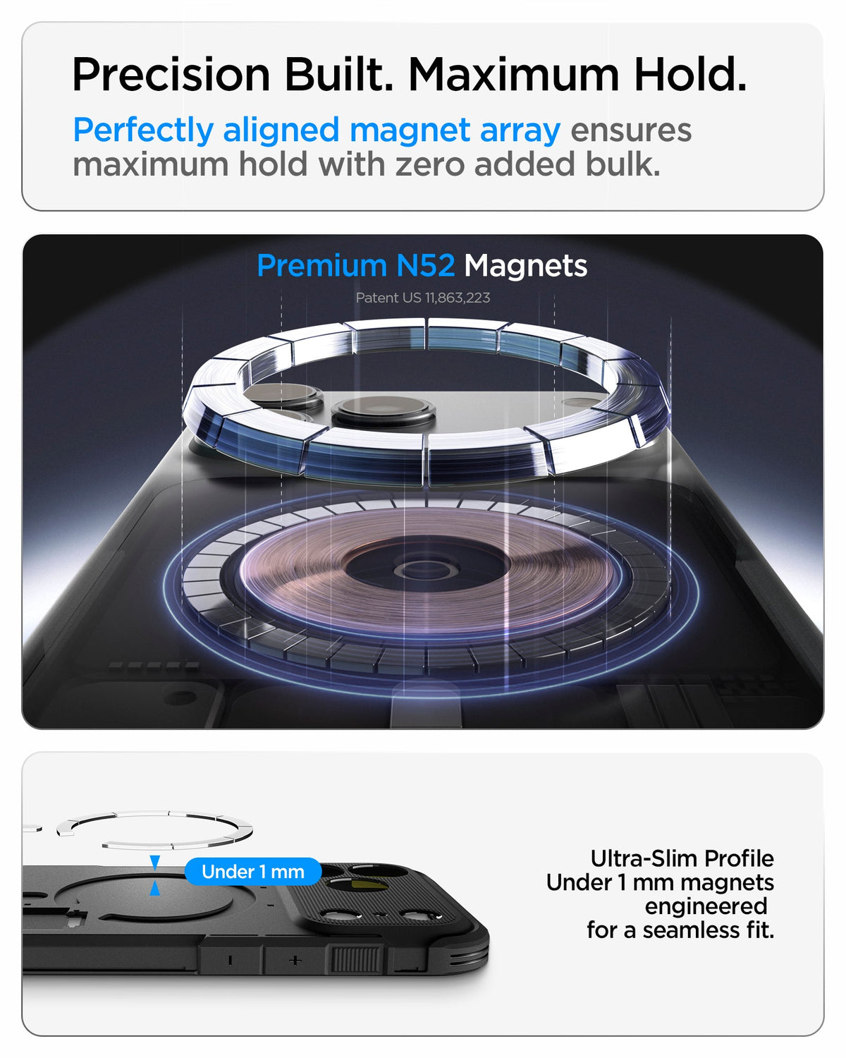 ACS09950 - iPhone 18 Pro / iPhone 17 Pro Tough Armor T Mag Fit Black showing a precision-aligned N52 magnet array with an ultra-slim profile for a secure magnetic connection