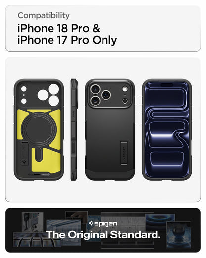 ACS09950 - iPhone 18 Pro / iPhone 17 Pro Tough Armor T Mag Fit Black showing multiple views of the case highlighting its rugged construction, magnetic design, and integrated kickstand