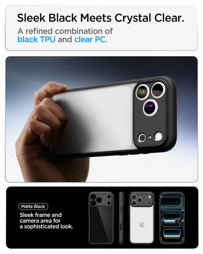 ACS10065 - iPhone 18 Pro / iPhone 17 Pro Ultra Hybrid in Matte Black showing a clear case designed to preserve clarity with long-lasting anti-yellowing technology