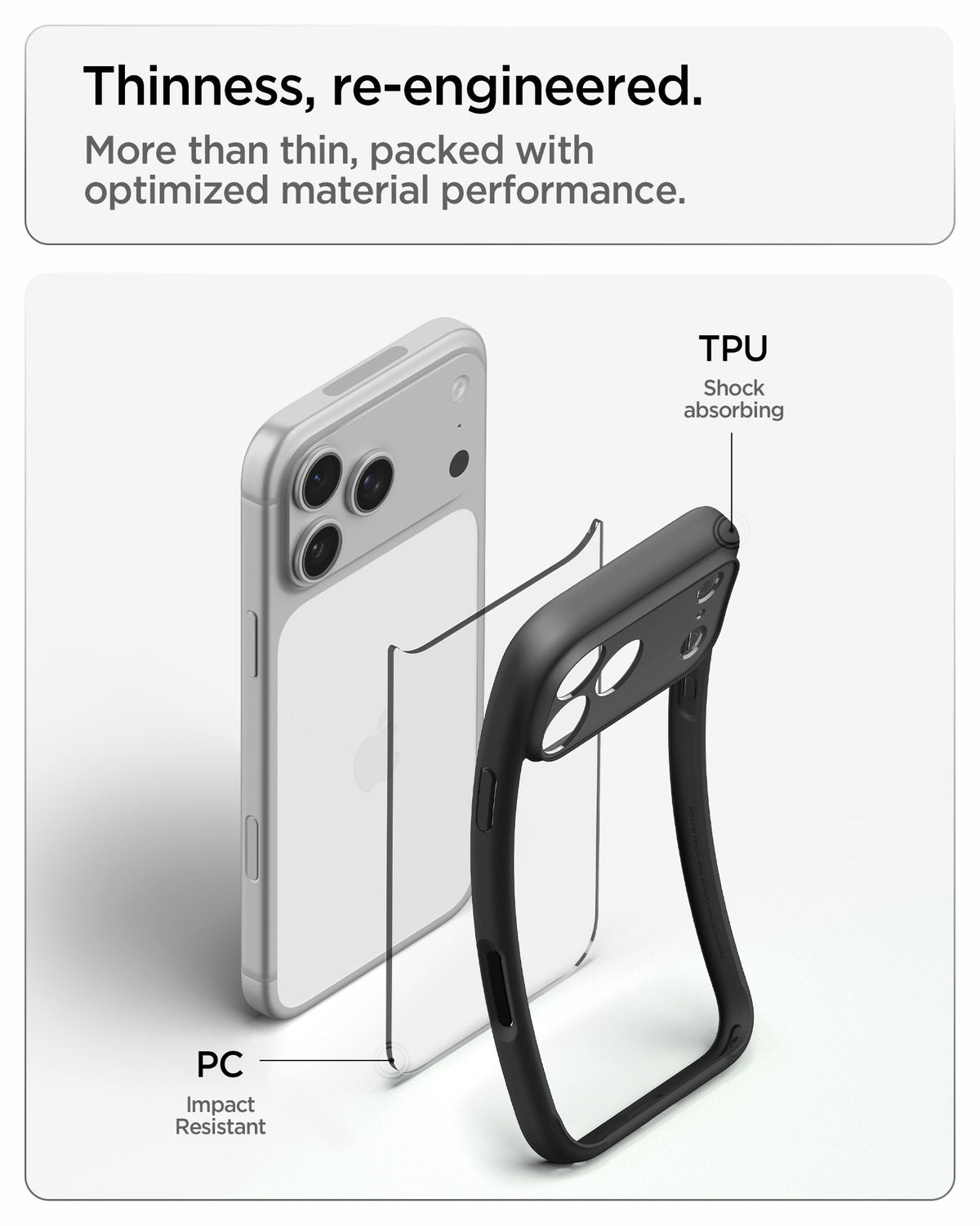 ACS10065 - iPhone 18 Pro / iPhone 17 Pro Ultra Hybrid in Matte Black showing a slim hybrid construction with impact-resistant back and shock-absorbing flexible edges