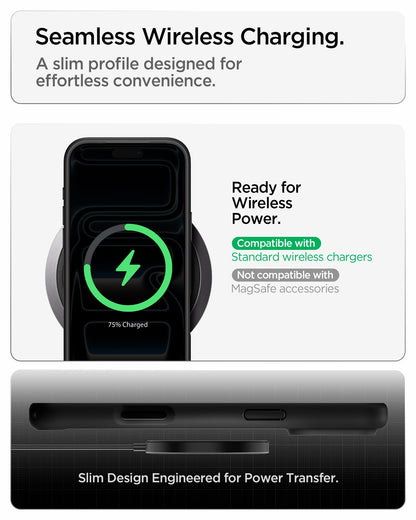 ACS10065 - iPhone 18 Pro / iPhone 17 Pro Ultra Hybrid in Matte Black showing a slim case supporting standard wireless charging with efficient power transfer