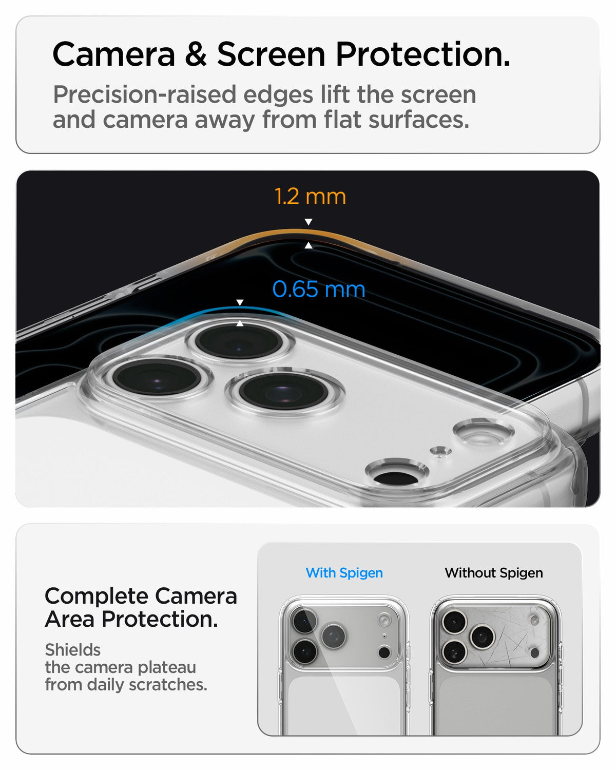 ACS10064 - iPhone 17 Pro Ultra Hybrid in Crystal Clear showing raised screen and camera edges designed to protect against scratches and contact with flat surfaces