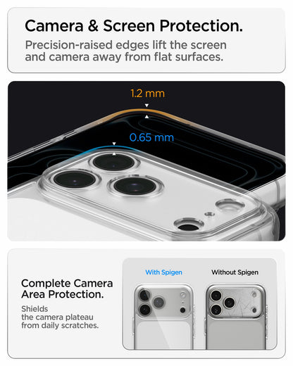 ACS10064 - iPhone 17 Pro Ultra Hybrid in Crystal Clear showing raised screen and camera edges designed to protect against scratches and contact with flat surfaces