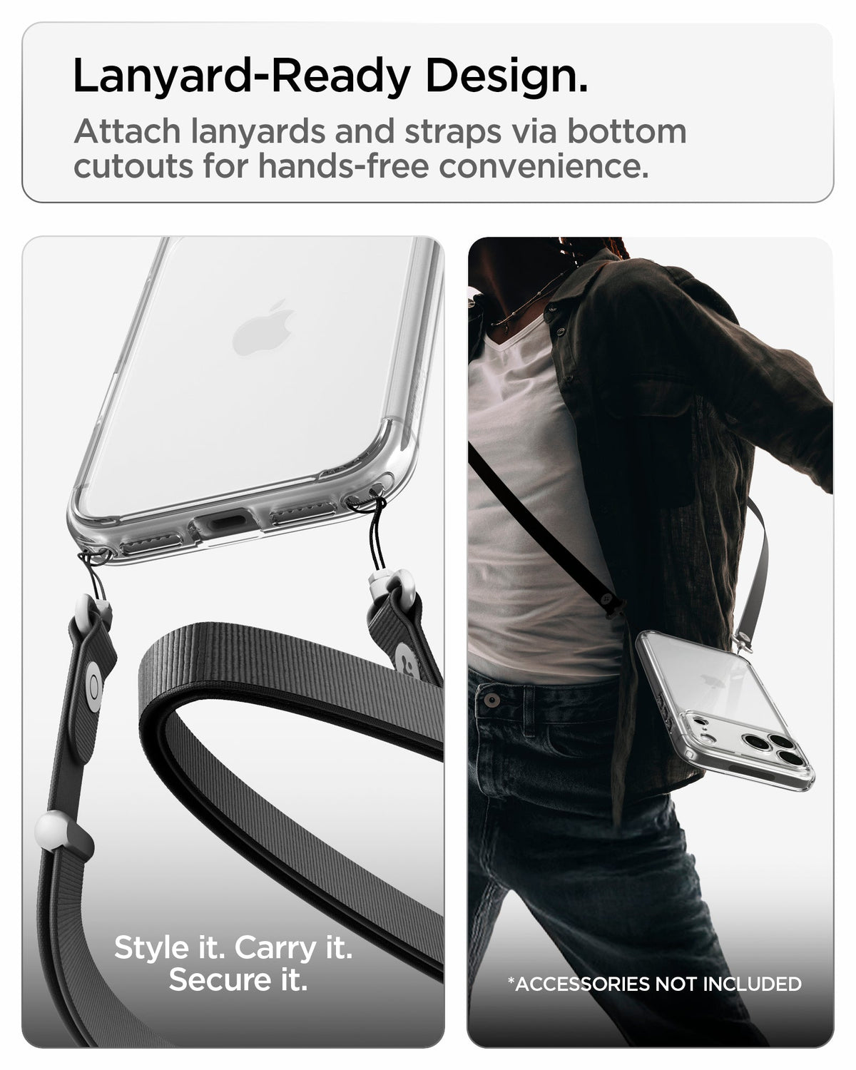 ACS10064 - iPhone 17 Pro Ultra Hybrid in Crystal Clear showing built-in bottom cutouts for attaching lanyards and straps for hands-free carrying
