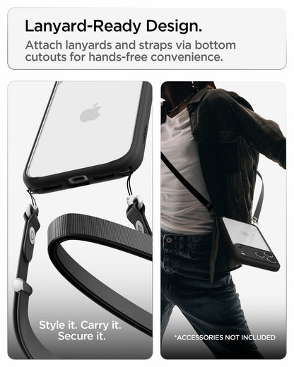 ACS10065 - iPhone 18 Pro / iPhone 17 Pro Ultra Hybrid in Matte Black showing built-in bottom cutouts for attaching lanyards and straps for hands-free carrying
