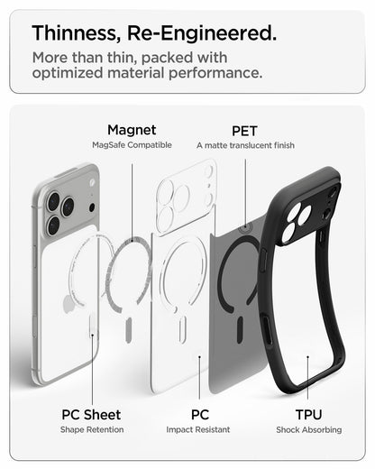ACS10069 - iPhone 18 Pro / iPhone 17 Pro Ultra Hybrid (MagFit) in Frost Black showing an exploded view of layered materials including magnets, rigid panels, and shock-absorbing edges