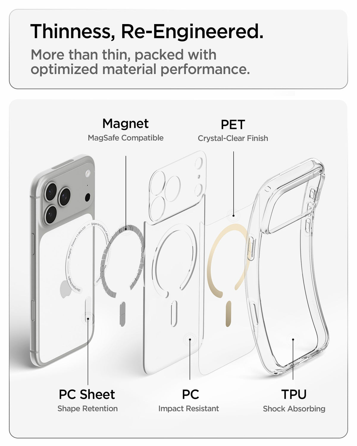 ACS10068 - iPhone 17 Pro Ultra Hybrid (MagFit) in Clear Gold showing a thin multi-layer construction with magnets, PET, PC, and TPU for optimized protection