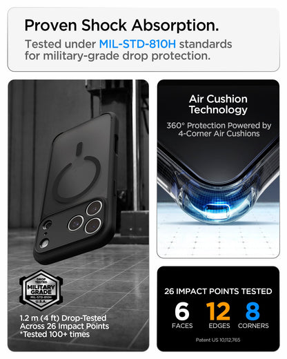 ACS10069 - iPhone 18 Pro / iPhone 17 Pro Ultra Hybrid (MagFit) in Frost Black showing military-grade drop protection with Air Cushion Technology and reinforced corner impact absorption