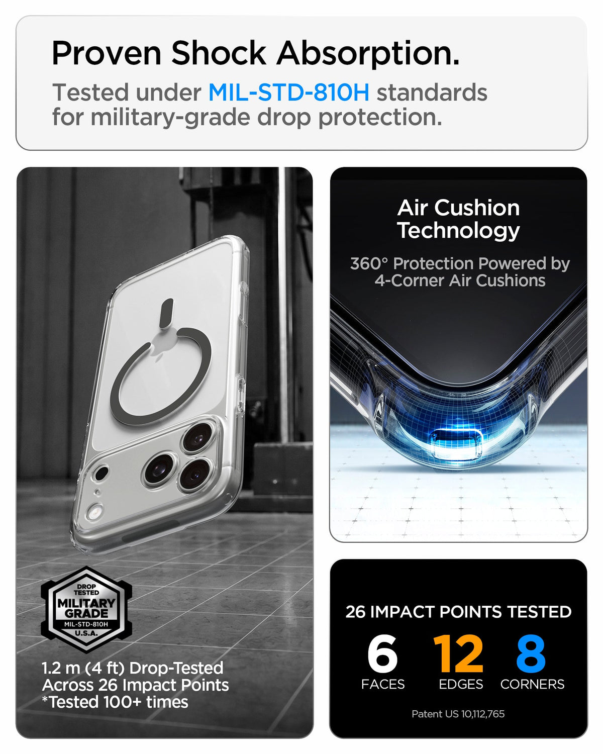 ACS10067 - iPhone 18 Pro / iPhone 17 Pro Ultra Hybrid (MagFit) in Clear Graphite showing military-grade drop protection with Air Cushion Technology and reinforced corner impact absorption