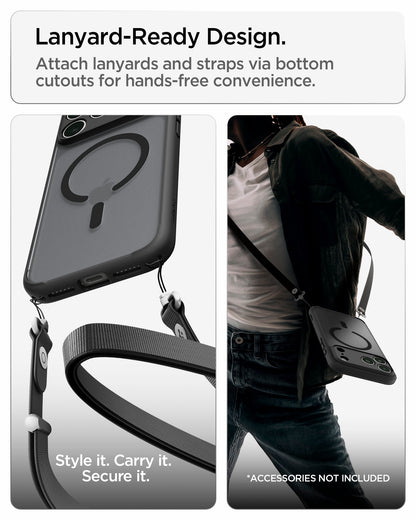 ACS10069 - iPhone 18 Pro / iPhone 17 Pro Ultra Hybrid (MagFit) in Frost Black showing built-in bottom cutouts for attaching lanyards and straps for hands-free carrying