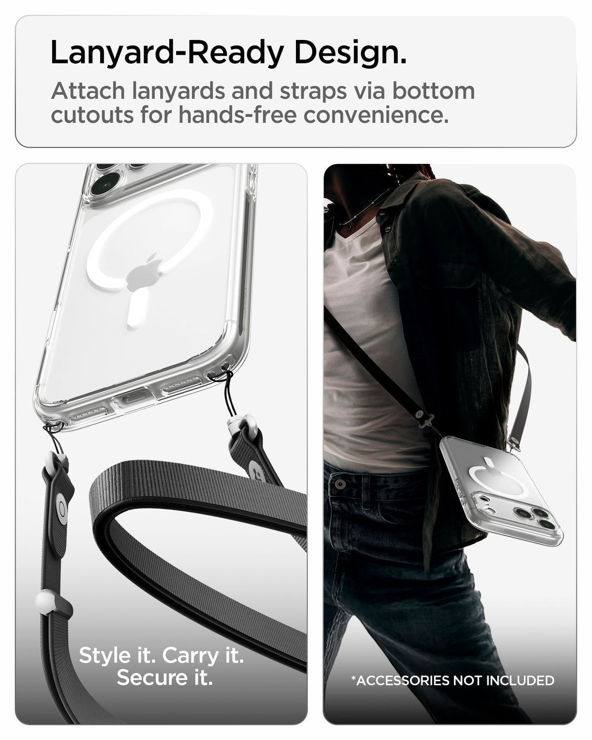 ACS10066 - iPhone 18 Pro / iPhone 17 Pro Ultra Hybrid (MagFit) in Clear White showing bottom lanyard cutouts for attaching straps and hands-free carrying convenience