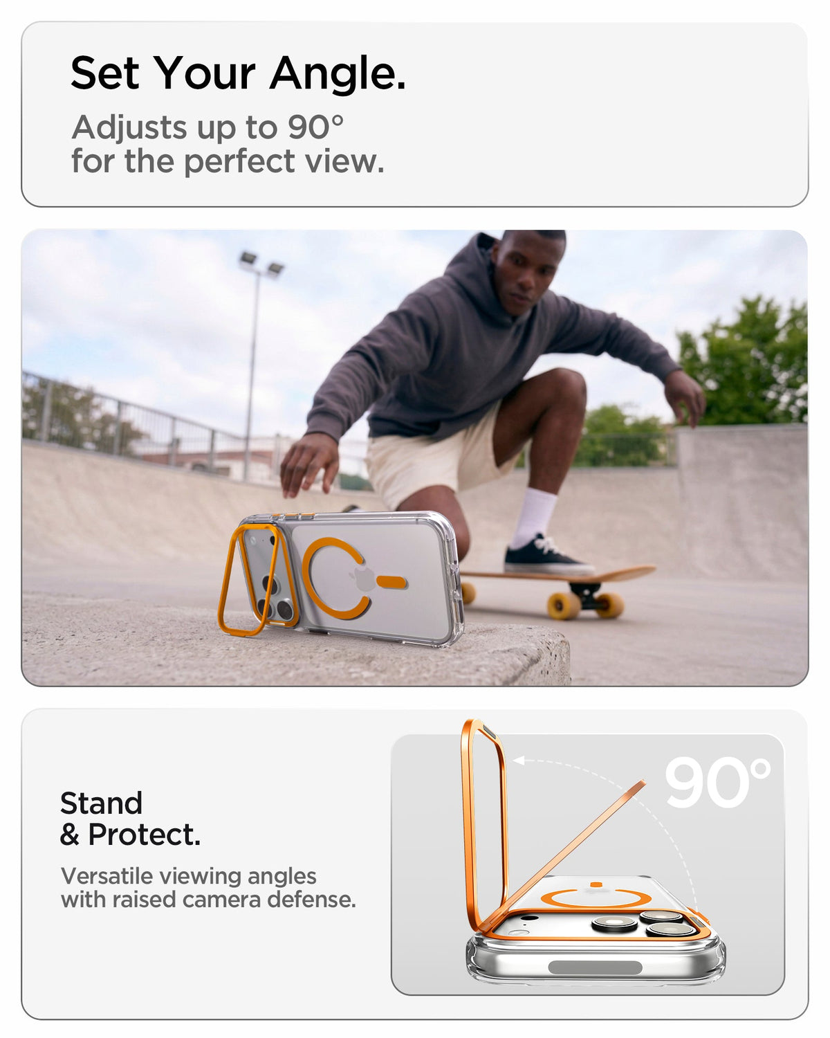 ACS11923 - iPhone 18 Pro / iPhone 17 Pro Ultra Hybrid Optik S (Mag Fit) Clear Orange showing the case propped horizontally with the camera ring stand for hands-free viewing