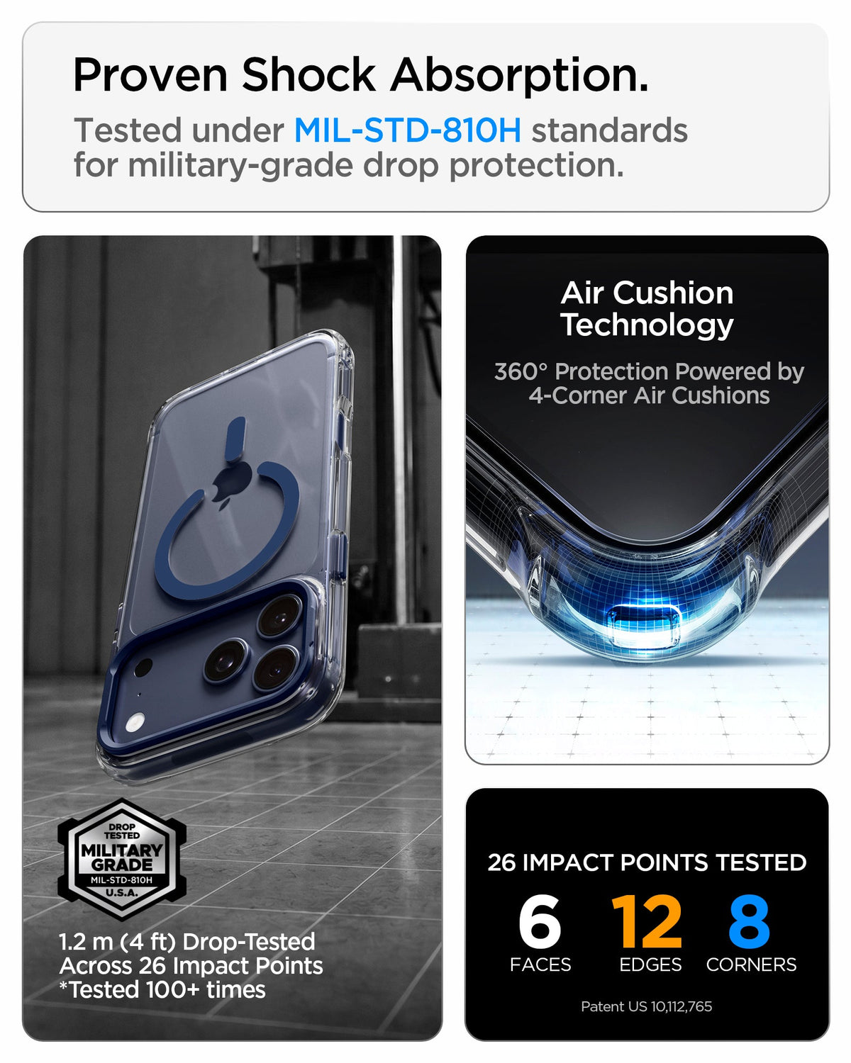 ACS11922 - iPhone 18 Pro / iPhone 17 Pro Ultra Hybrid Optik S (Mag Fit) Clear Deep Blue showing military-grade drop protection with reinforced Air Cushion corners and multiple impact test points