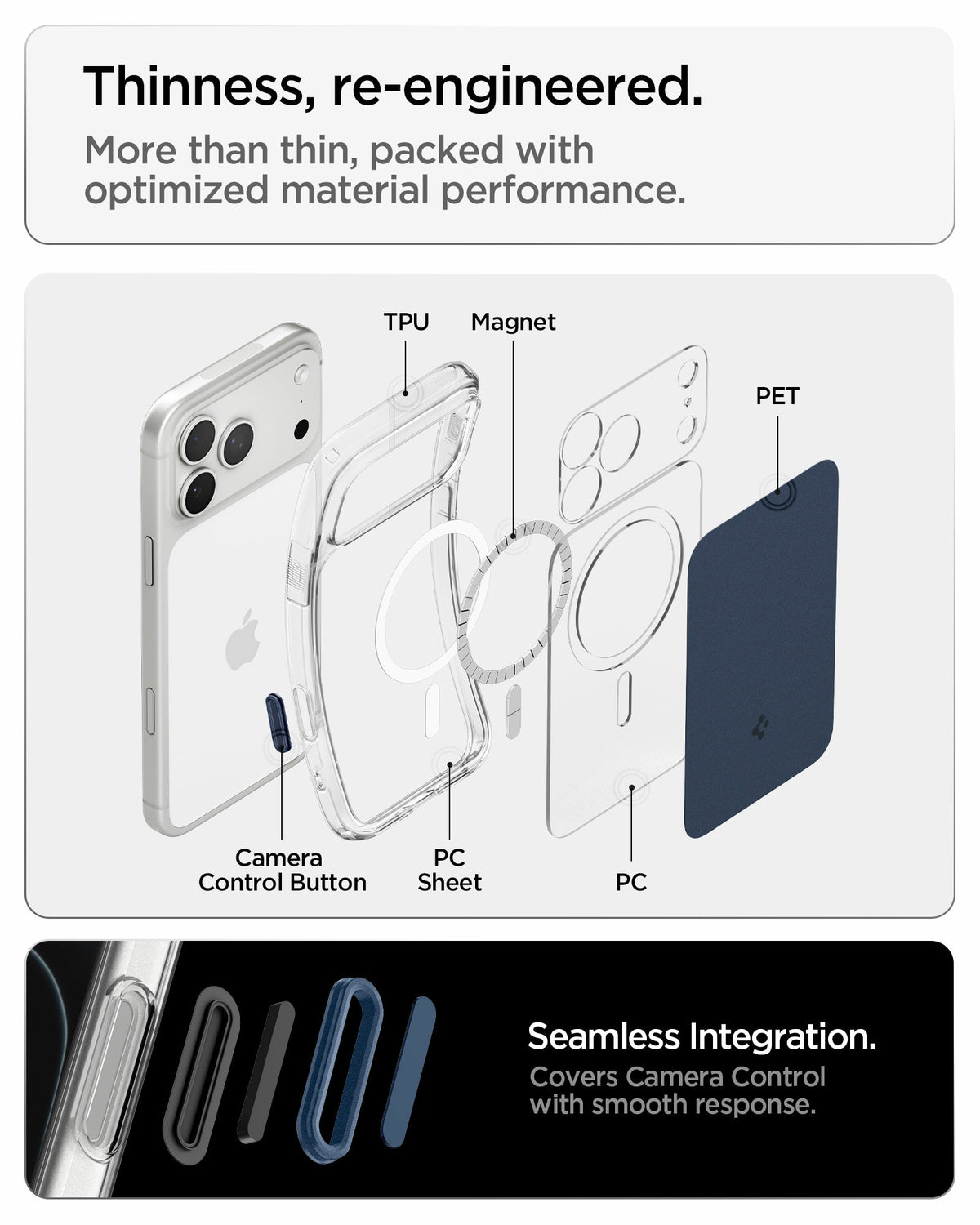 ACS10470 - iPhone 17 Pro Ultra Hybrid T (MagFit) in Matte Blue showing an exploded view of layered materials including magnets, rigid panels, and shock-absorbing edges