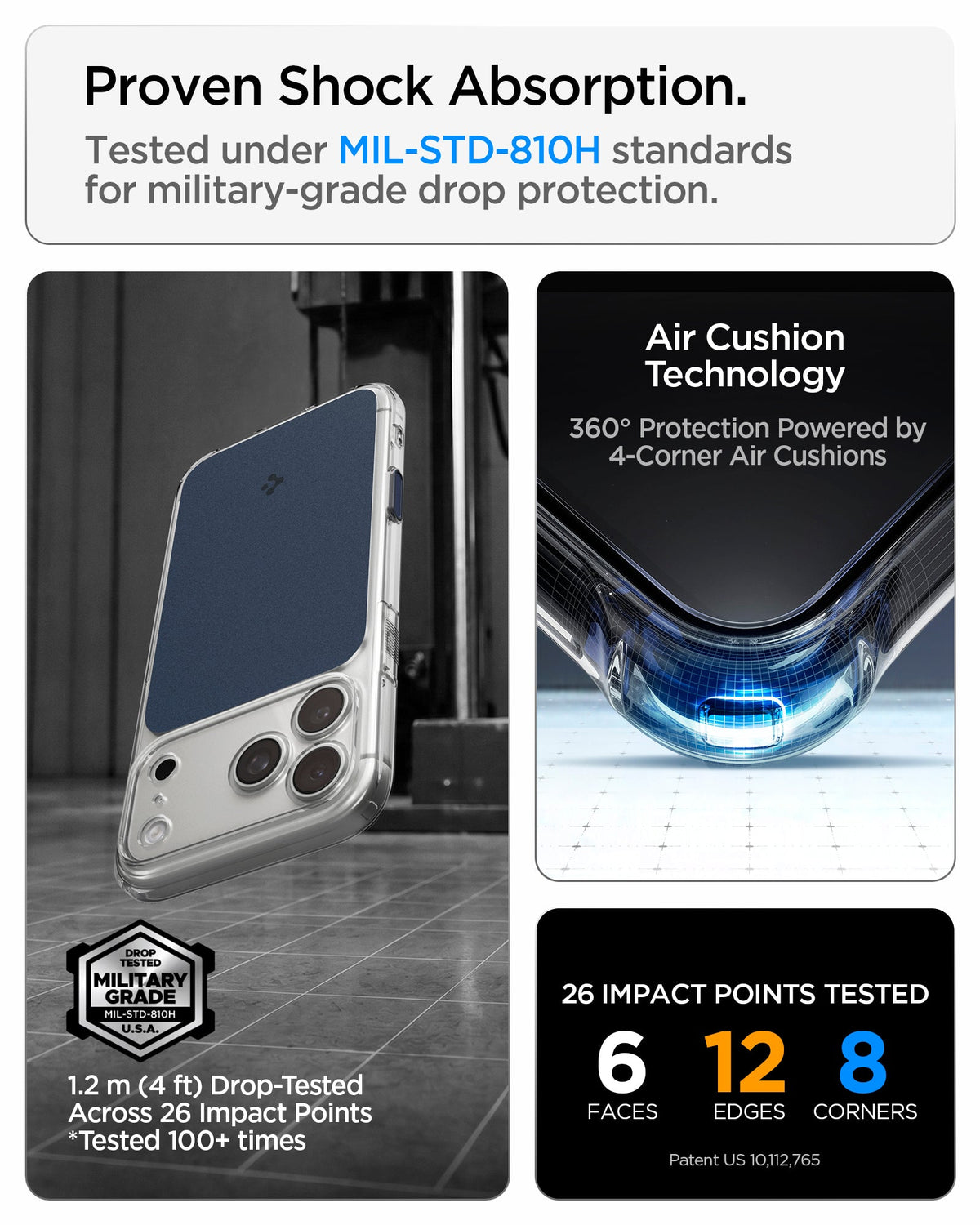 ACS10470 - iPhone 17 Pro Ultra Hybrid T (MagFit) in Matte Blue showing military-grade drop protection with Air Cushion Technology and reinforced corner impact absorption