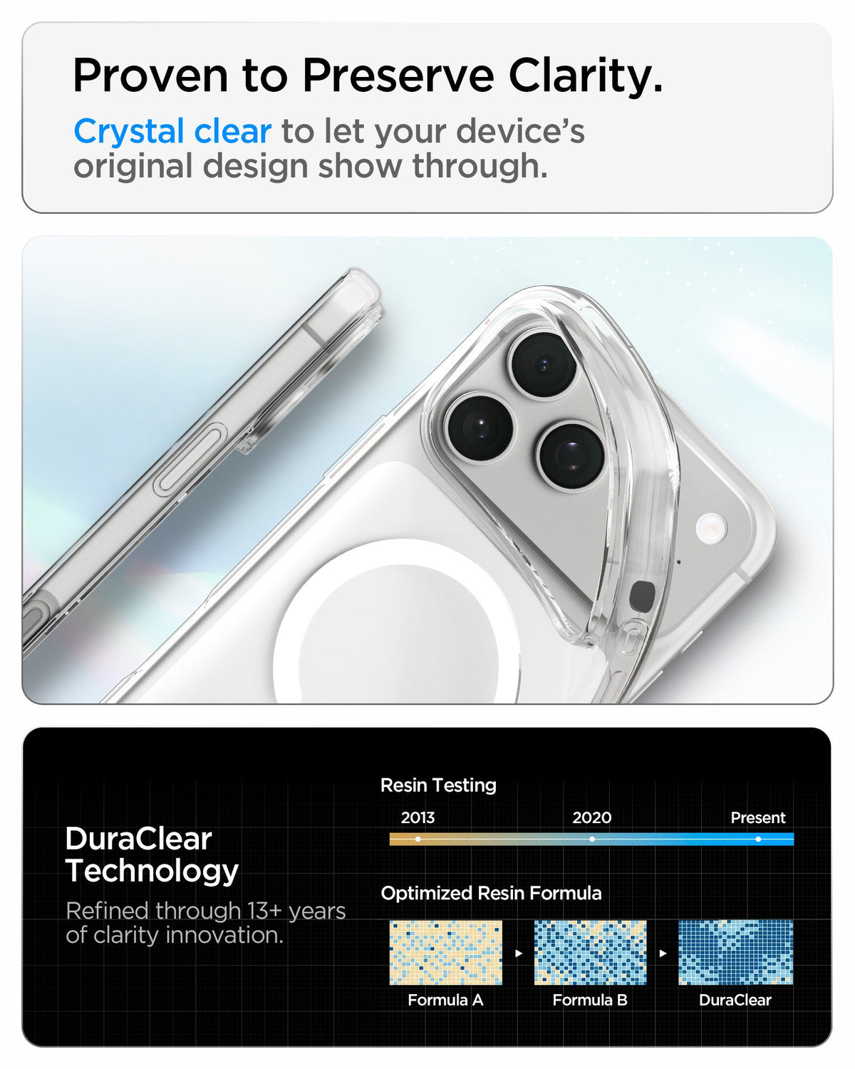 ACS11912 - iPhone 18 Pro Max / iPhone 17 Pro Max Crystal Flex (Mag Fit) showing crystal-clear material and DuraClear Technology designed to preserve long-lasting clarity.