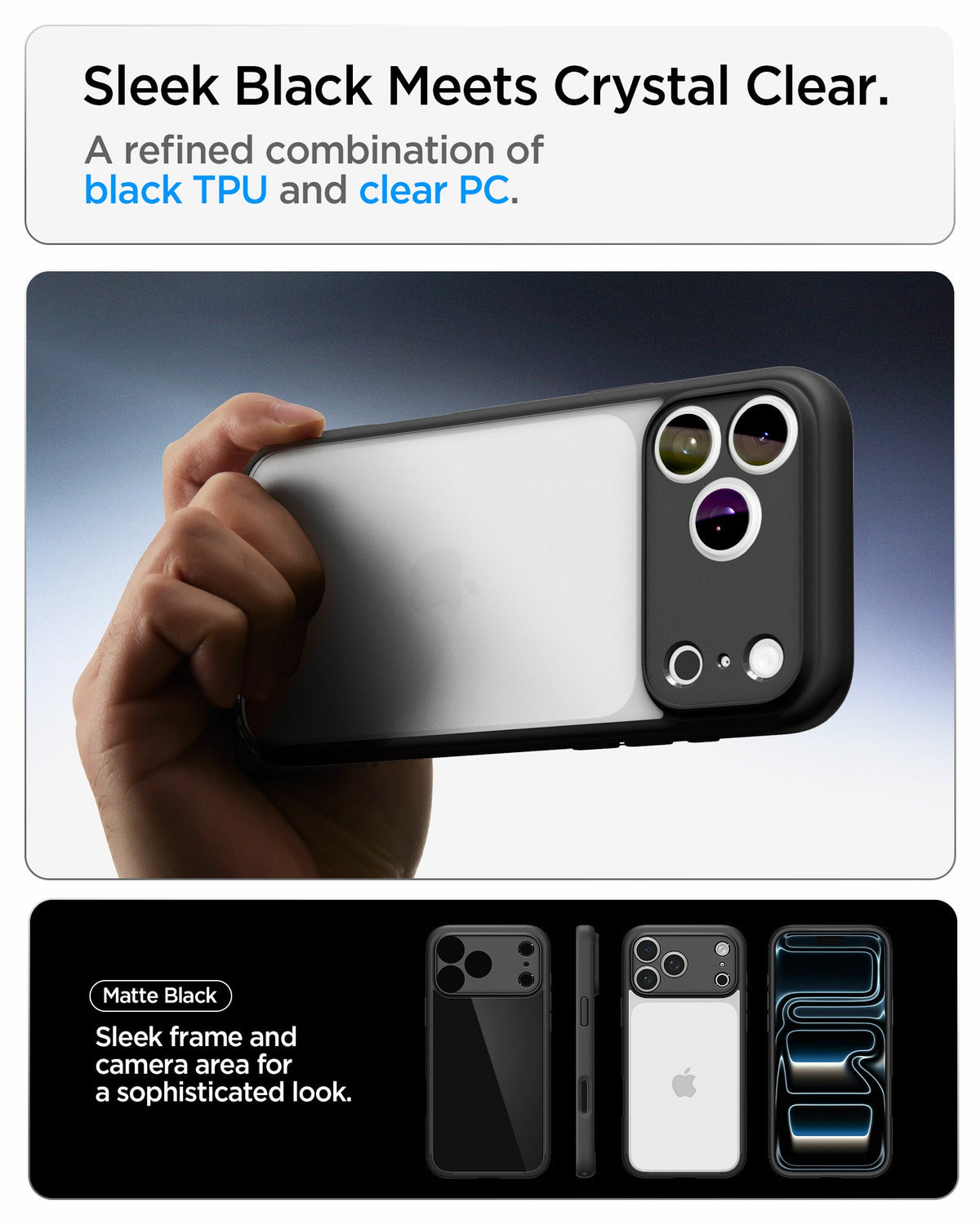 ACS10034 - iPhone 18 Pro Max / iPhone 17 Pro Max Ultra Hybrid in Matte Black showing a clear case designed to preserve clarity with long-lasting anti-yellowing technology