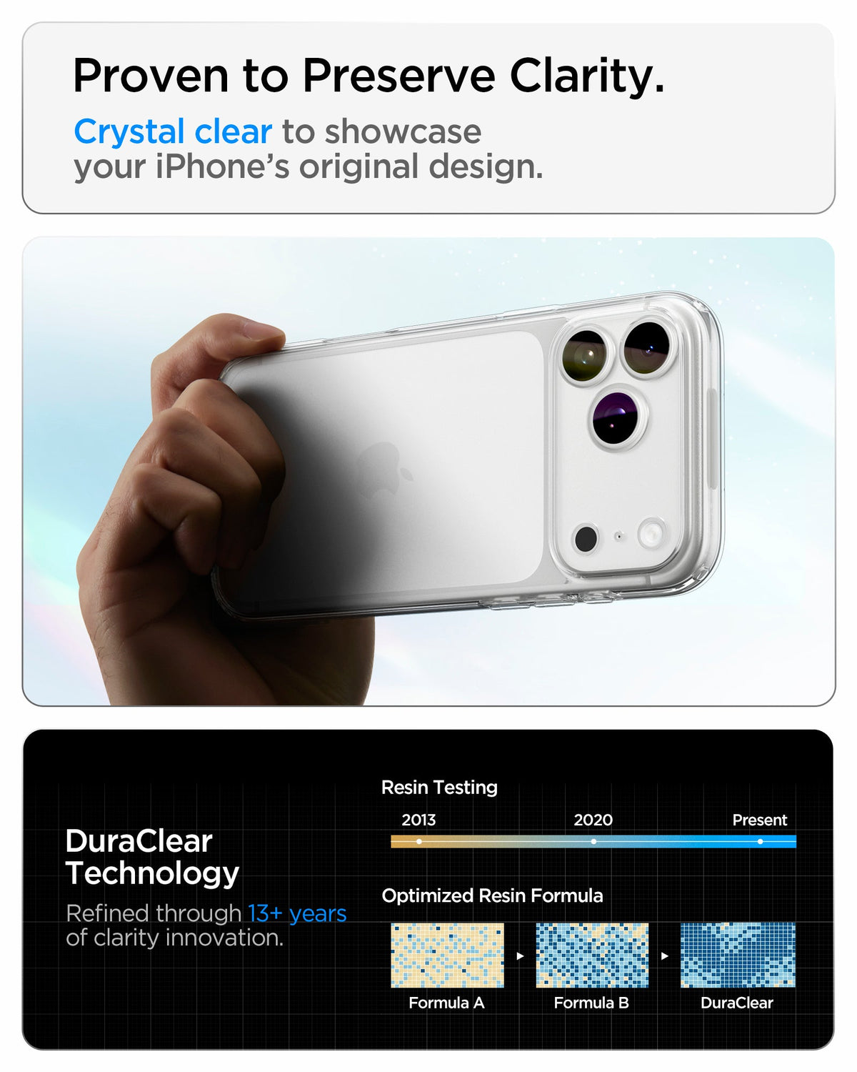 ACS10033 - iPhone 17 Pro Max Ultra Hybrid in Crystal Clear showing a clear case designed to preserve clarity with long-lasting anti-yellowing technology