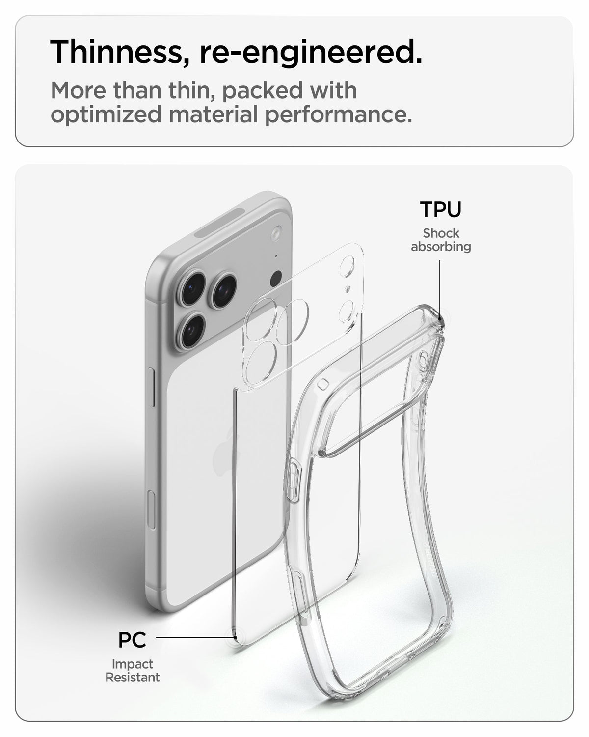 ACS10033 - iPhone 17 Pro Max Ultra Hybrid in Crystal Clear showing a slim hybrid construction with impact-resistant back and shock-absorbing flexible edges