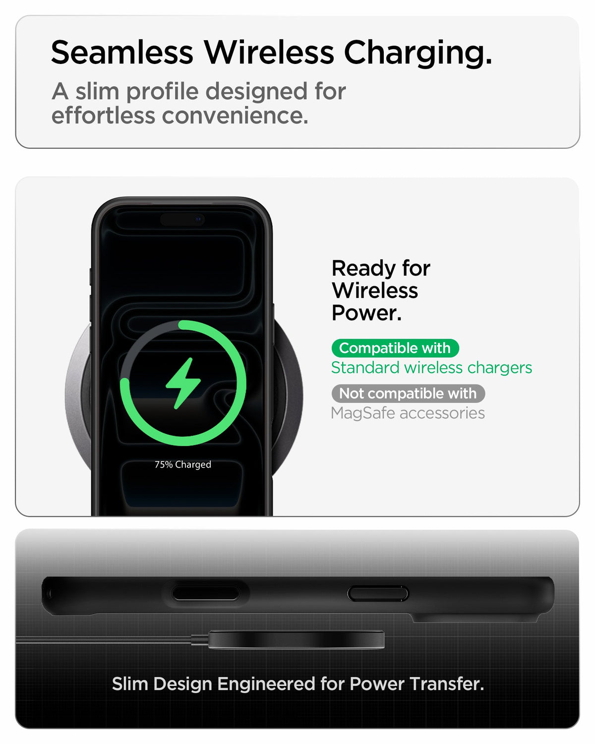 ACS10034 - iPhone 18 Pro Max / iPhone 17 Pro Max Ultra Hybrid in Matte Black showing a slim case supporting standard wireless charging with efficient power transfer