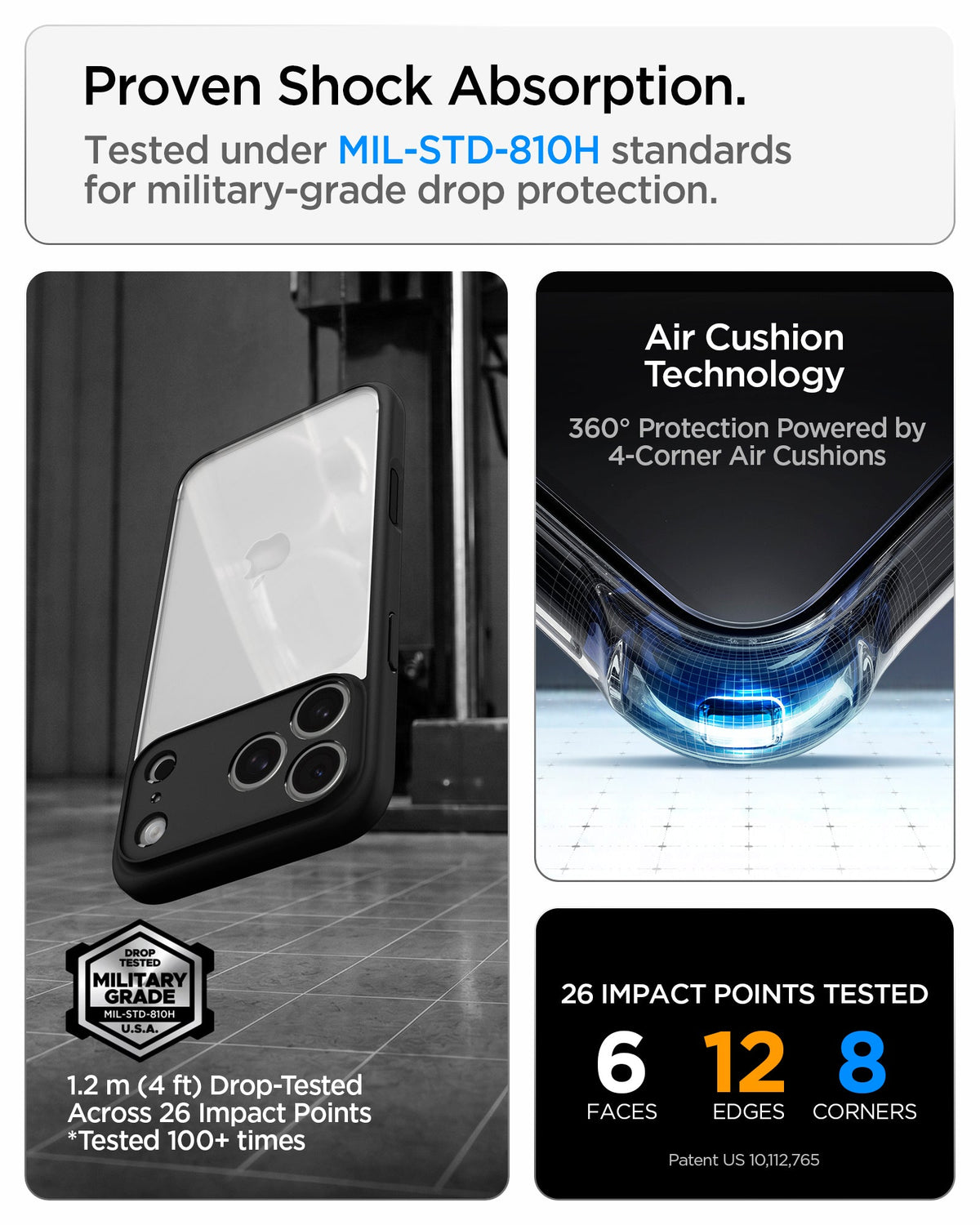 ACS10034 - iPhone 18 Pro Max / iPhone 17 Pro Max Ultra Hybrid in Matte Black showing military-grade drop protection with four-corner air cushion technology and tested impact coverage