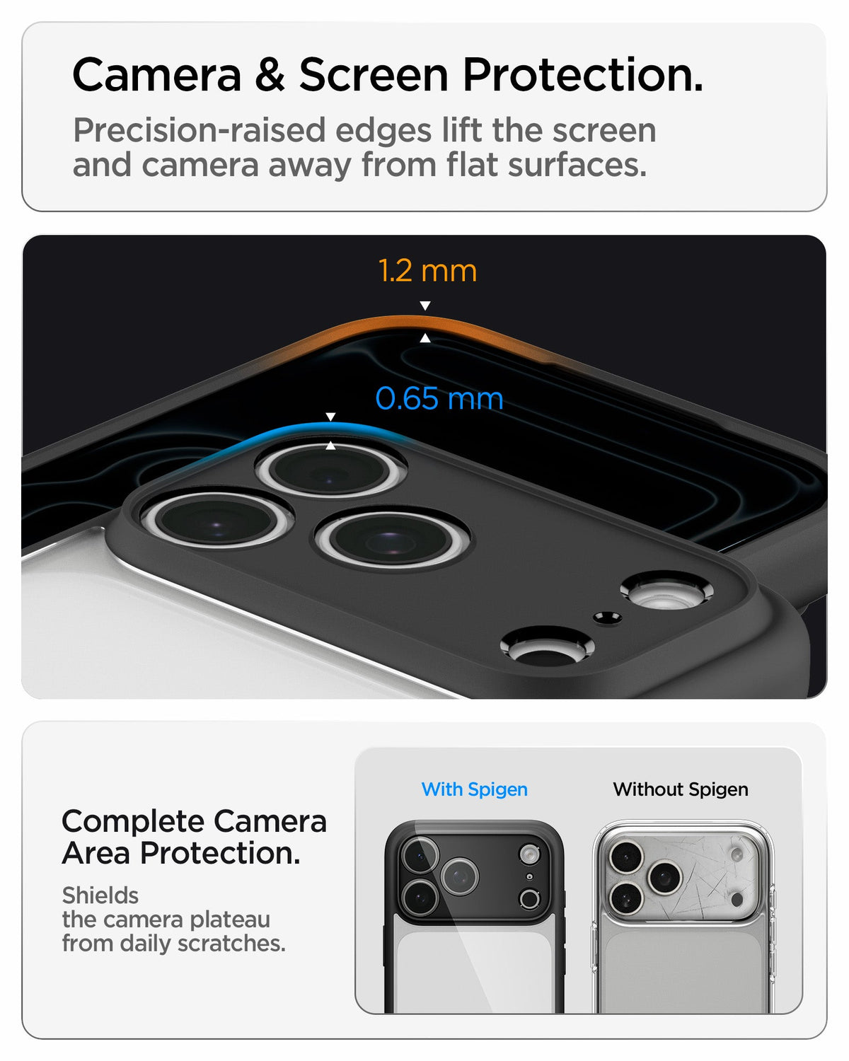 ACS10034 - iPhone 18 Pro Max / iPhone 17 Pro Max Ultra Hybrid in Matte Black showing raised screen and camera edges designed to protect against scratches and contact with flat surfaces