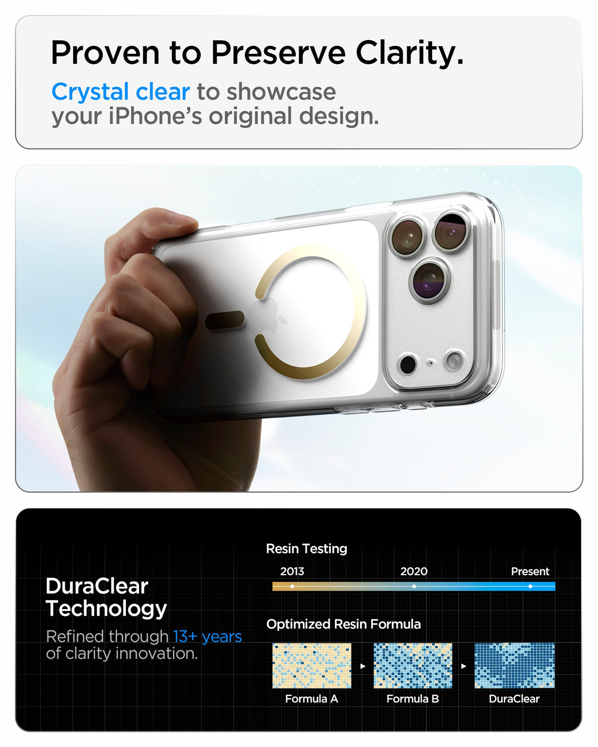 ACS10037 - iPhone 17 Pro Max Ultra Hybrid (MagFit) in Clear Gold showing crystal-clear transparency and long-term clarity supported by DuraClear Technology