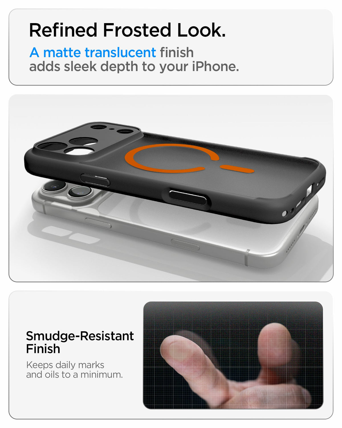 ACS10480 - iPhone 18 Pro Max / iPhone 17 Pro Max Ultra Hybrid (MagFit) in Frost Black Orange showing a matte translucent finish designed to resist smudges and maintain a refined appearance