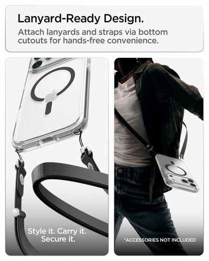 ACS10036 - iPhone 18 Pro Max / iPhone 17 Pro Max Ultra Hybrid (MagFit) in Clear Graphite showing bottom lanyard cutouts for attaching straps and hands-free carrying convenience