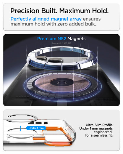 ACS11910 - iPhone 18 Pro Max / iPhone 17 Pro Max Ultra Hybrid Optik S (Mag Fit) Clear Orange showing a premium magnet array and ultra-slim magnetic construction under 1 mm