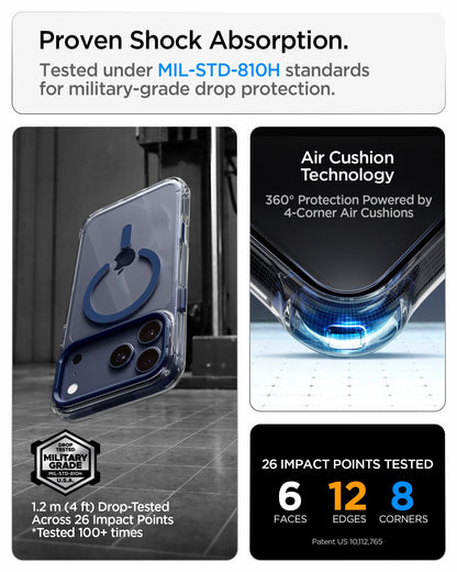 ACS11909 - iPhone 18 Pro Max / iPhone 17 Pro Max Ultra Hybrid Optik S (Mag Fit) Clear Deep Blue showing military-grade drop protection with reinforced Air Cushion corners and multiple impact test points