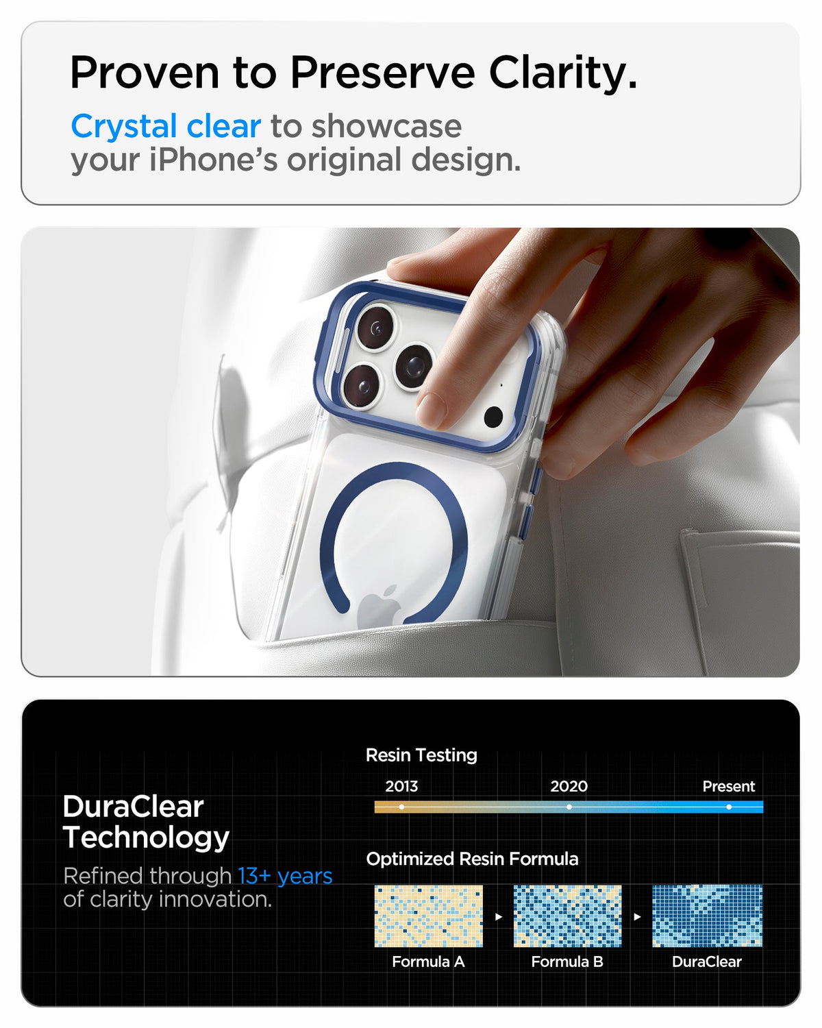 ACS11909 - iPhone 18 Pro Max / iPhone 17 Pro Max Ultra Hybrid Optik S (Mag Fit) Clear Deep Blue showing a crystal-clear case finish and long-term resin clarity testing technology