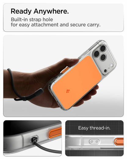 ACS10468 - iPhone 18 Pro Max / iPhone 17 Pro Max Ultra Hybrid T (Mag Fit) in Glossy Orange showing ready anywhere. built in strap hole for easy attachment and secure carry