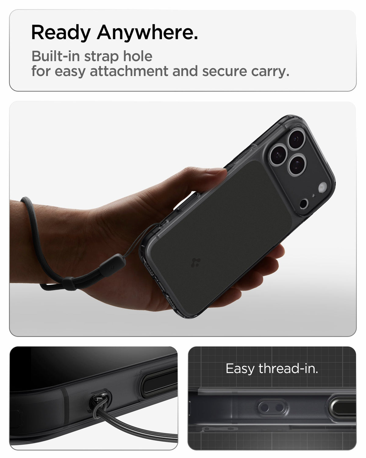 ACS10047 - iPhone 18 Pro Max / iPhone 17 Pro Max Ultra Hybrid T (Mag Fit) in Matte Black showing ready anywhere. built in strap hole for easy attachment and secure carry