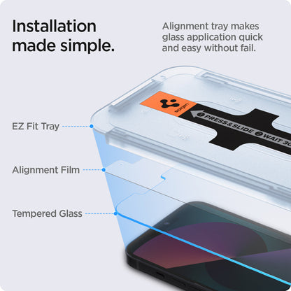 AGL03396 - iPhone 13 Mini Screen Protector EZ FIT GLAS.tR SLIM showing the installation made simple. Alignment tray makes glass application quick and easy without fail. EZ Fit Tray, Alignment Film and Tempered Glass