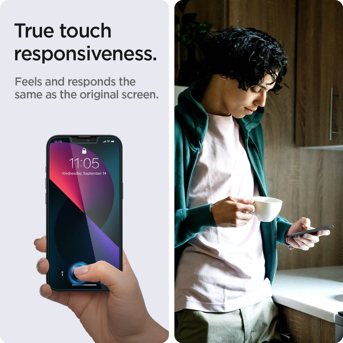 AGL03396 - iPhone 13 Mini Screen Protector EZ FIT GLAS.tR SLIM showing the true touch responsiveness. Feels and responds the same as the original screen