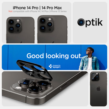 AGL06913 - iPhone 14 Pro / 14 Pro Max Optik Lens Protector in black keep a lookout showing the compatibility only with iPhone 14 pro, 14 pro max. Not compatible with iPhone 14, 14 plus.