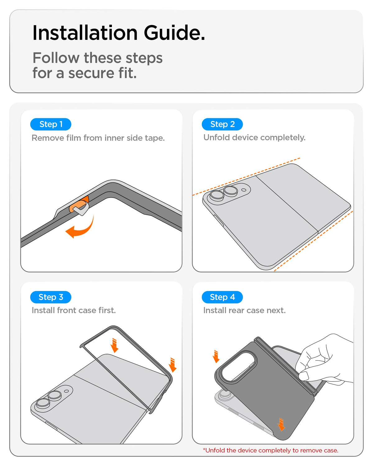 ACS11686 - iPhone Duo Nano Pop (Mag Fit) in Blueberry Navy showing a four-step installation guide for securely attaching the front and rear case pieces