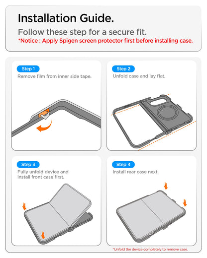 ACS11689 - iPhone Duo Ultra Hybrid Pro (Mag Fit) in Frost Black showing a four-step installation guide for securing the front and rear case