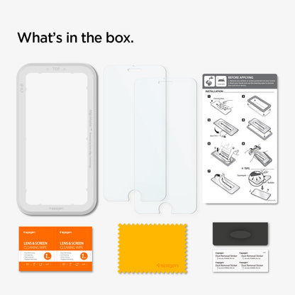 AGL01867 - iPhone SE Series Alignmaster Full Cover Screen Protector showing the what's in the box. Alignment tray, screen protector, installation manual, cleaning wipes, microfiber cloth and dust sticker